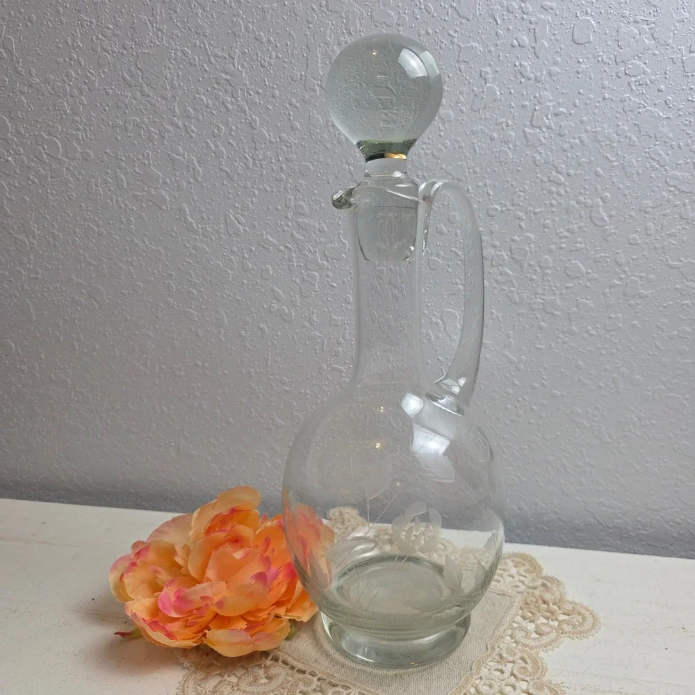 Vintage Etched Floral Rose Glass Decanter with‎ Ball Stopper and Handle Clear